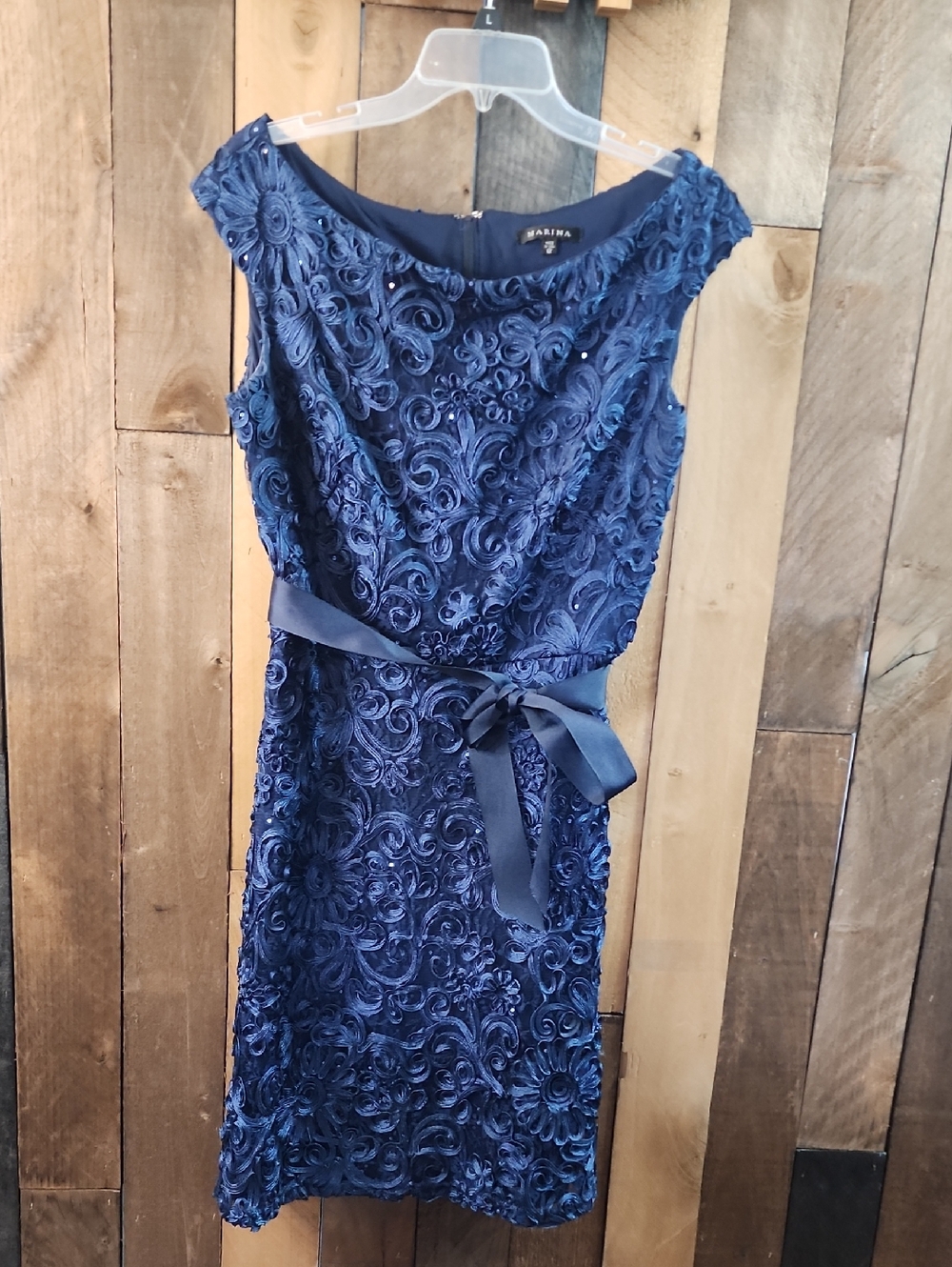 MARINA Navy Blue Embroidered Midi Dress with Satin Waist Tie Size 12
